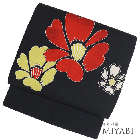 名古屋帯 リサイクル 帯丈373cm ポイント柄 花柄 ブラック Mサイズ 正絹 Sランク カジュアル お洒落