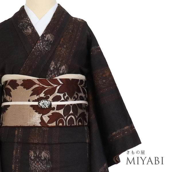 紬 リサイクル 身丈159.5cm 裄63cm 袷 縞柄 鳳凰柄 ブラウン Mサイズ お洒落 カジュアル 正絹 広衿 Sランク