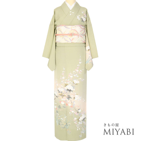 訪問着 リサイクル 身丈158.7cm 裄65.4cm 袷 花各種柄 箔 グリーン Mサイズ フォーマル セミフォーマル 正絹 広衿 Sランク