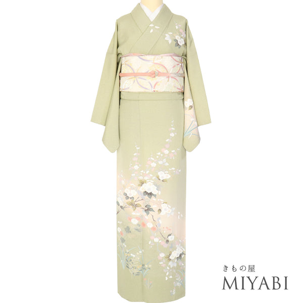 訪問着 リサイクル 身丈158.7cm 裄65.4cm 袷 花各種柄 箔 グリーン Mサイズ フォーマル セミフォーマル 正絹 広衿 Sランク