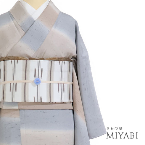 紬 リサイクル 身丈159.5cm 裄63.2cm 袷 横段染め 本草木染め ぜんまい紬 多色 Mサイズ お洒落 カジュアル 証紙 しつけ糸 正絹 広衿 Sランク