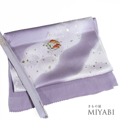 帯締め・帯揚げセット リサイクル お洒落 平組紐 ちりめん パープル 正絹 新品・未使用品 部分刺繍 花丸 菊柄地紋 箔加工