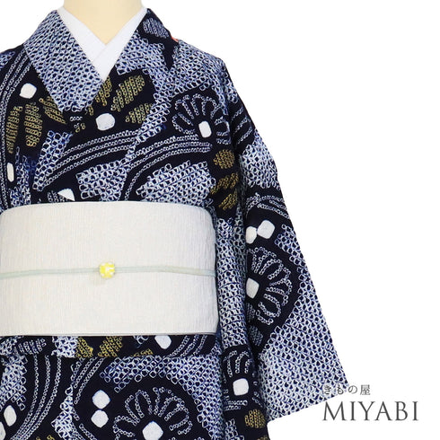 浴衣 リサイクル 夏着物 身丈154.5cm 裄64.4cm 夏物 絞り 流水に菊柄 ネイビー Sサイズ カジュアル 木綿 洗える着物 バチ衿 Sランク