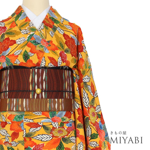 小紋 リサイクル 身丈161.5cm 裄66.4cm 袷 デザイン花柄 オレンジ Lサイズ お洒落 カジュアル 正絹 広衿 Sランク