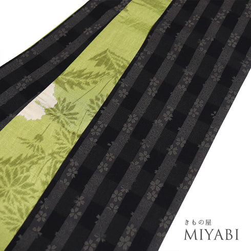 半巾帯 リサイクル 帯丈382cm 全通 桜や花柄 リバーシブル 撫松庵 ブラック SSサイズ 正絹 Sランク カジュアル お洒落