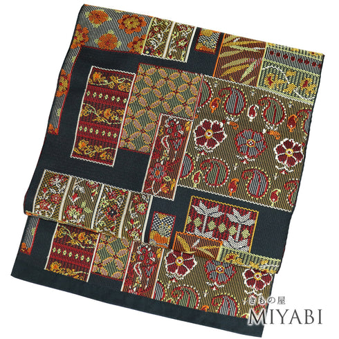 名古屋帯 リサイクル 帯丈354cm 六通 色紙柄 ブラック Sサイズ 正絹 Sランク お洒落 カジュアル
