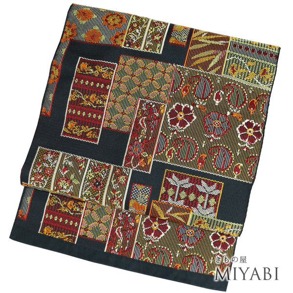 名古屋帯 リサイクル 帯丈354cm 六通 色紙柄 ブラック Sサイズ 正絹 Sランク お洒落 カジュアル