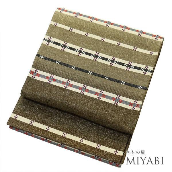 袋帯 リサイクル 帯丈446cm ポイント柄 横縞模様 ゴールド Mサイズ 正絹 Sランク お洒落