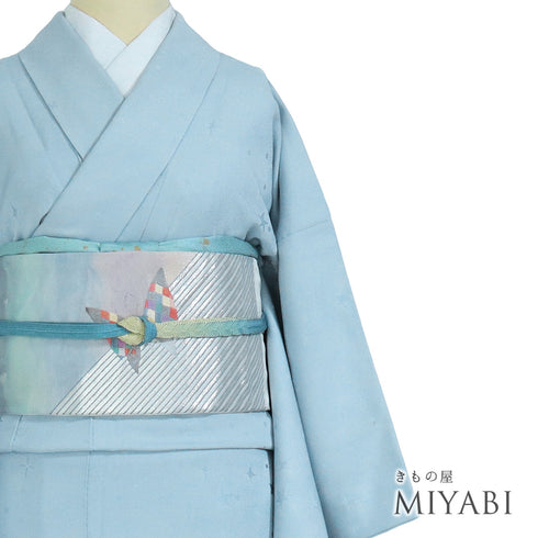 色無地 リサイクル 身丈160.8cm 裄64.6cm 袷 星柄 ブルー Lサイズ セミフォーマル お洒落 一つ紋 正絹 広衿 地紋あり Bランク