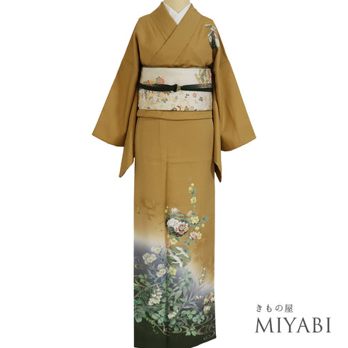 訪問着 リサイクル 身丈160cm 裄64.4cm 袷 雪輪模様 鶴柄 花柄 箔加工 イエロー Mサイズ セミフォーマル お洒落 正絹 広衿 Aランク