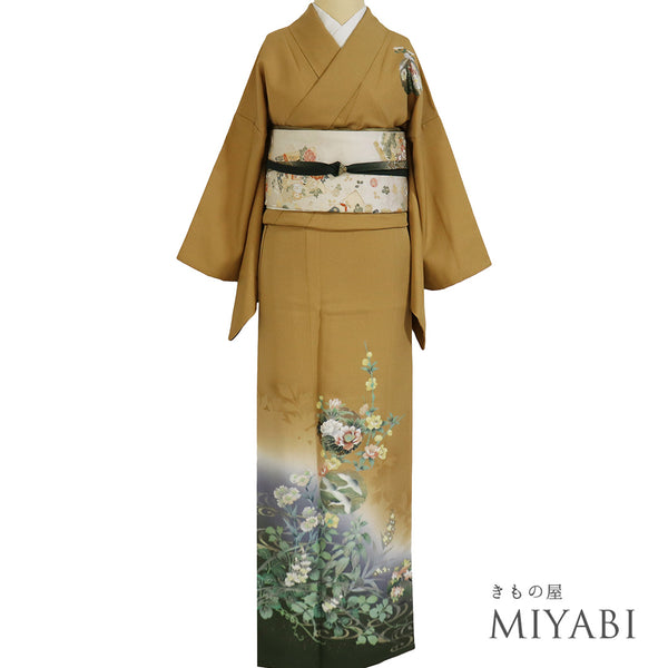 訪問着 リサイクル 身丈160cm 裄64.4cm 袷 雪輪模様 鶴柄 花柄 箔加工 イエロー Mサイズ セミフォーマル お洒落 正絹 広衿 Aランク