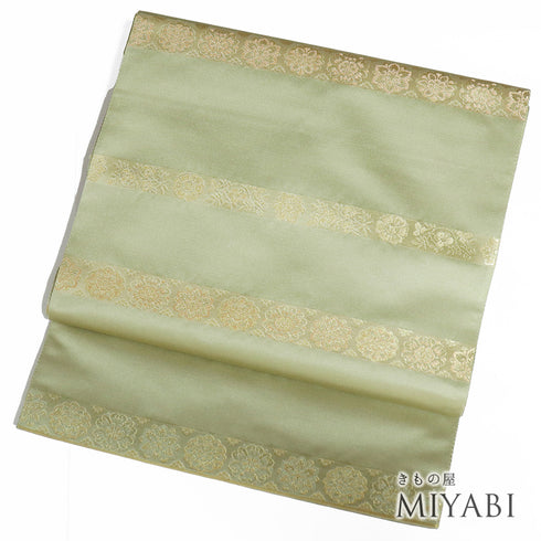 袋帯 リサイクル 帯丈444cm 六通 横段唐花模様 グリーン Mサイズ 正絹 新品・未使用品 フォーマル