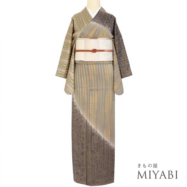 訪問着 リサイクル 身丈163.5cm 裄63.2cm 袷 更紗柄 箔 ブラウン Lサイズ お洒落 正絹 広衿 Sランク