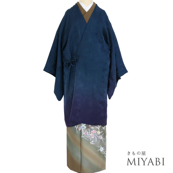 道中着 リサイクル 身丈95.5cm 裄64.4cm 袷 リバーシブル 花唐草の地紋柄 裾ぼかし ブルー Sサイズ お洒落 正絹 Sランク