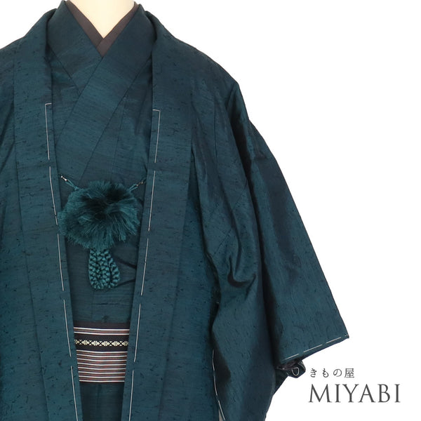 アンサンブル 男物 リサイクル 身丈144cm 裄70.6cm 羽織丈93cm 袷 紬 グリーン Sサイズ お洒落 カジュアル しつけ糸 正絹 棒衿 Sランク