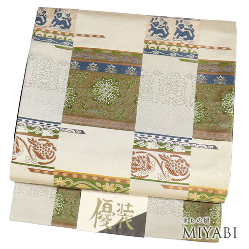 京袋帯 リサイクル 帯丈392cm 全通 市松に矢羽根柄 ベージュ Lサイズ ポリエステル 新品・未使用品 お洒落