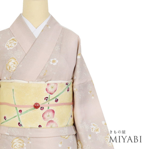 小紋 リサイクル 身丈164.5cm 裄66cm 袷 縞模様 花柄 既製品 ピンク Lサイズ お洒落 ポリエステル 洗える着物 広衿 Aランク