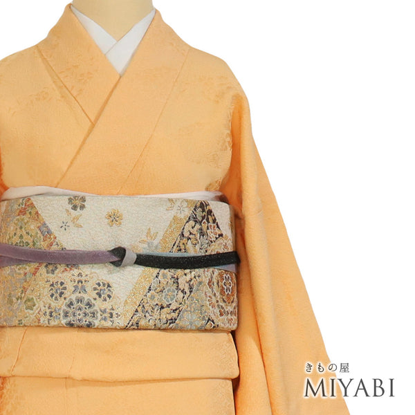 色無地 リサイクル 身丈161.2cm 裄64.8cm 袷 草花柄 オレンジ Lサイズ セミフォーマル お洒落 一つ紋 正絹 広衿 地紋あり Sランク