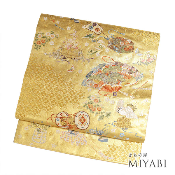 袋帯 リサイクル 帯丈444cm 六通 ポイント柄 能具散し柄 本金箔 瀞金錦 長嶋 ゴールド Mサイズ 正絹 Sランク フォーマル