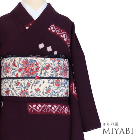 小紋 リサイクル 身丈158.8cm 裄64.4cm 袷 部分絞り柄 パールトーン加工 パープル Mサイズ お洒落 カジュアル 正絹 広衿 Sランク