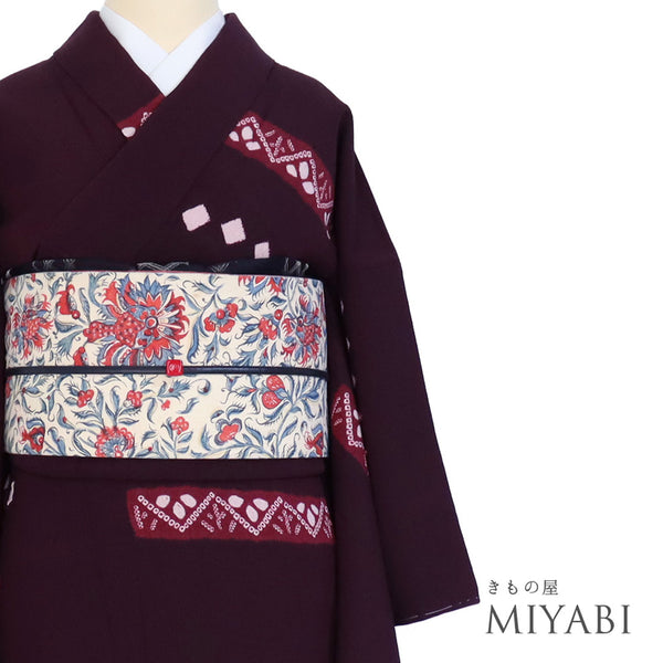 小紋 リサイクル 身丈158.8cm 裄64.4cm 袷 部分絞り柄 パールトーン加工 パープル Mサイズ お洒落 カジュアル 正絹 広衿 Sランク