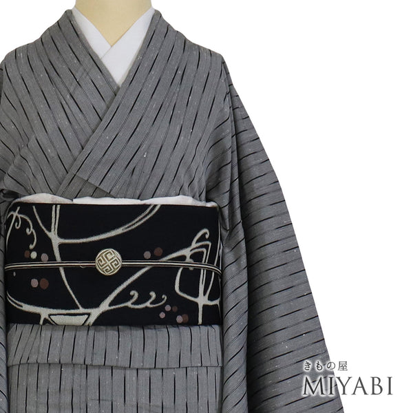 紬 リサイクル 身丈162.7cm 裄68cm 単衣 デザイン縞模様 グレー Lサイズ お洒落 正絹 広衿 Aランク