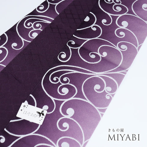 半巾帯 リサイクル 帯丈396cm 全通 唐草柄 パープル SSサイズ ポリエステル Sランク カジュアル お洒落