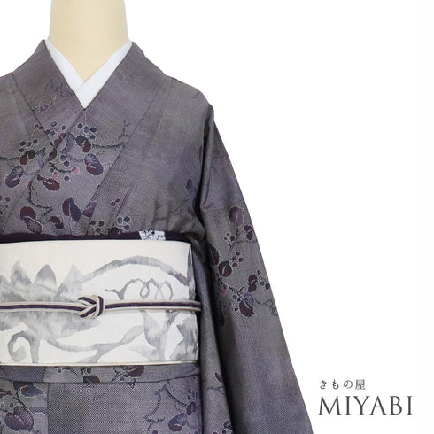 紬 リサイクル 身丈159cm 裄63.4cm 袷 草木柄 パープル Mサイズ カジュアル お洒落 正絹 広衿 Aランク