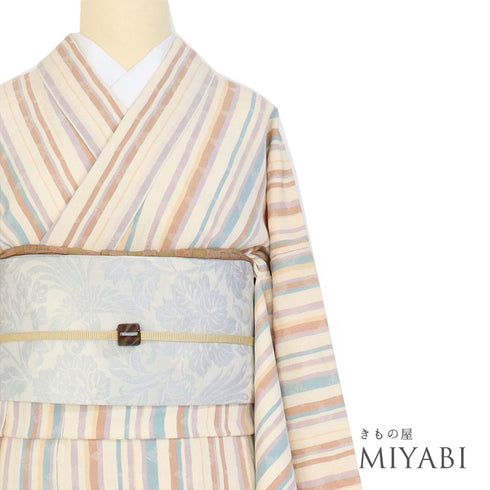 小紋 リサイクル 身丈166.8cm 裄64.4cm 袷 縞柄 ベージュ LLサイズ お洒落 カジュアル 正絹 広衿 Aランク