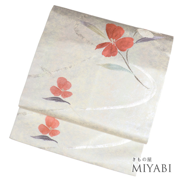 名古屋帯 リサイクル 帯丈354.5cm 六通 花柄 アイボリー Sサイズ 正絹 Aランク お洒落