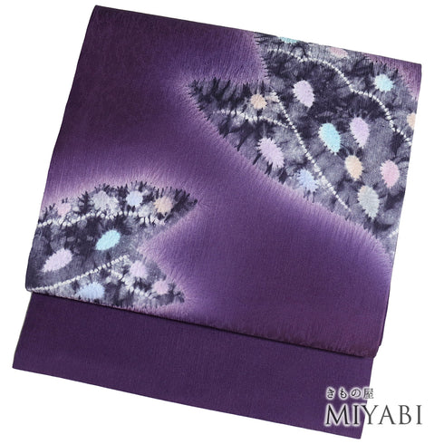 名古屋帯 リサイクル 帯丈391cm ポイント柄 絞り パープル Lサイズ 正絹 新品・未使用品 お洒落