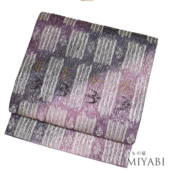 袋帯 リサイクル 帯丈446cm 全通 ふくれ織り 鳥柄 ぼかし パープル Mサイズ 正絹 新品・未使用品 お洒落