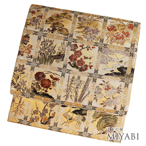 袋帯 リサイクル 帯丈452cm 六通 格天井柄 刺繍 ゴールド Lサイズ 正絹 新品・未使用品 フォーマル セミフォーマル