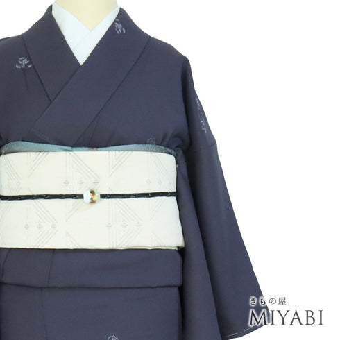 小紋 リサイクル 身丈160.2cm 裄64cm 袷 花丸模様 地紋 ネイビー Mサイズ 一つ紋 正絹 広衿 Sランク