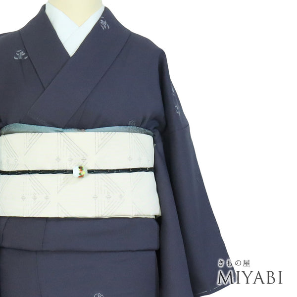 小紋 リサイクル 身丈160.2cm 裄64cm 袷 花丸模様 地紋 ネイビー Mサイズ 一つ紋 正絹 広衿 Sランク