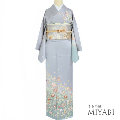 訪問着 リサイクル 身丈158.5cm 裄65cm 袷 花柄 箔 金駒 グレー Mサイズ セミフォーマル お洒落 正絹 広衿 Sランク