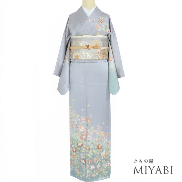 訪問着 リサイクル 身丈158.5cm 裄65cm 袷 花柄 箔 金駒 グレー Mサイズ セミフォーマル お洒落 正絹 広衿 Sランク