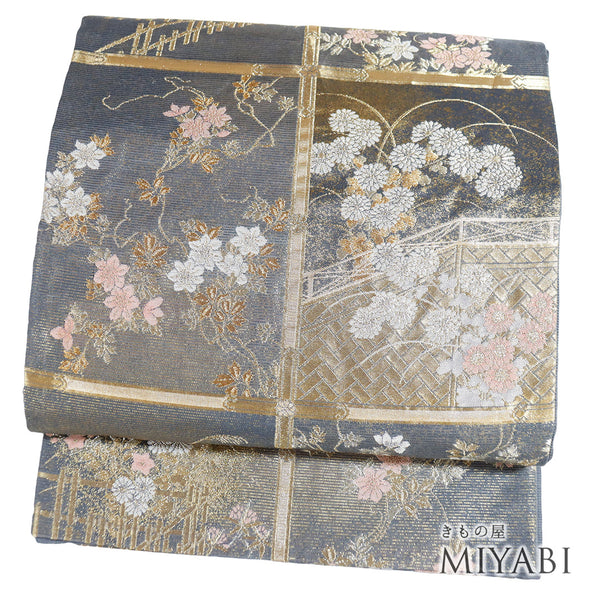 袋帯 リサイクル 帯丈436cm 六通 芯なし 天井画風 夏物 グレー Mサイズ 混合 Sランク フォーマル セミフォーマル