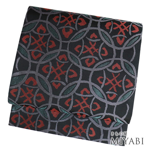 京袋帯 リサイクル 帯丈360cm 六通 幾何学柄 ブラック Mサイズ ポリエステル Sランク お洒落 カジュアル