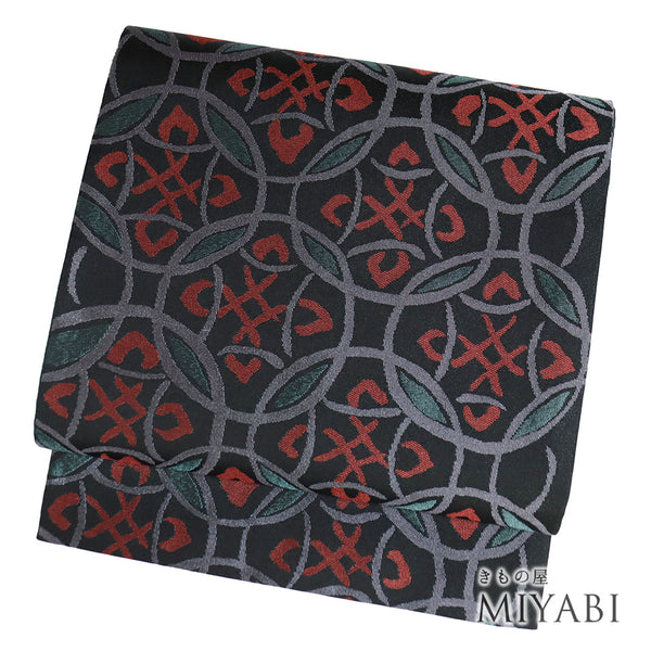 京袋帯 リサイクル 帯丈360cm 六通 幾何学柄 ブラック Mサイズ ポリエステル Sランク お洒落 カジュアル