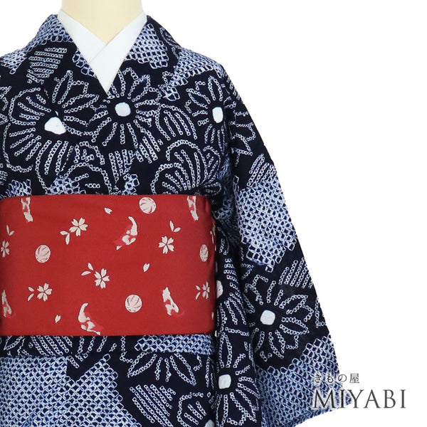 浴衣 リサイクル 夏着物 身丈157.8cm 裄64cm 夏物 絞り 花柄 ネイビー Mサイズ 木綿 洗える着物 バチ衿 Sランク