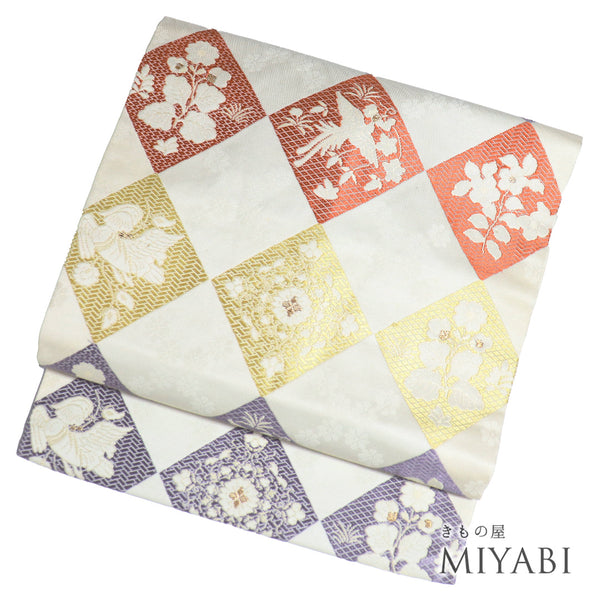 名古屋帯 リサイクル 帯丈365.5cm 六通 鳥や花柄 ベージュ Mサイズ 正絹 Aランク お洒落