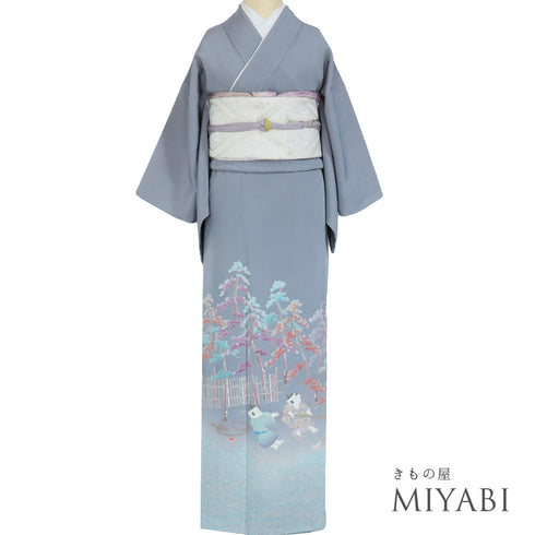 色留袖 リサイクル 身丈152.5cm 裄62cm 袷 童柄 松林柄 地引網風景 比翼付き グレー Sサイズ セミフォーマル 落款 三つ紋 正絹 広衿 Aランク