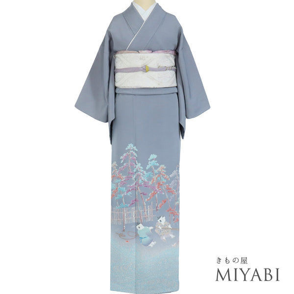 色留袖 リサイクル 身丈152.5cm 裄62cm 袷 童柄 松林柄 地引網風景 比翼付き グレー Sサイズ セミフォーマル 落款 三つ紋 正絹 広衿 Aランク