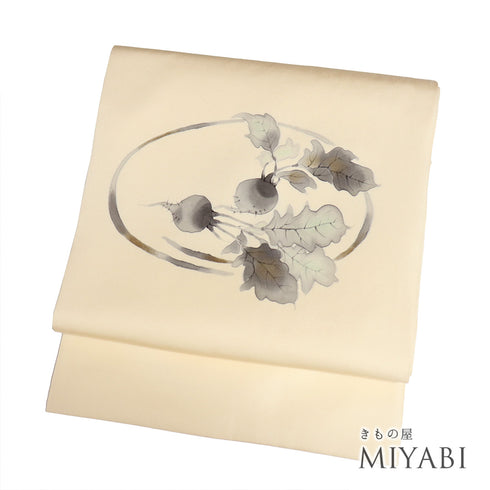 名古屋帯 リサイクル 帯丈374cm ポイント柄 塩瀬 カブ柄 ベージュ Mサイズ 正絹 Aランク お洒落 落款