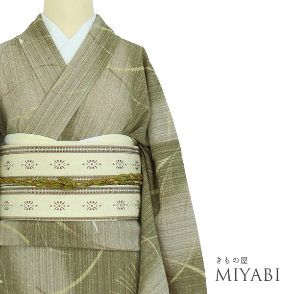 小紋 リサイクル 身丈168cm 裄70.5cm 単衣 トンボ柄 グリーン LLサイズ お洒落 ポリエステル 洗える着物 広衿 Sランク