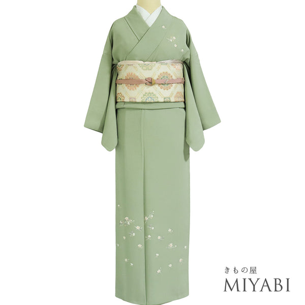 訪問着 リサイクル 身丈150.5cm 裄62.4cm 袷 小花柄 グリーン Sサイズ セミフォーマル お洒落 一つ紋 正絹 広衿 Aランク