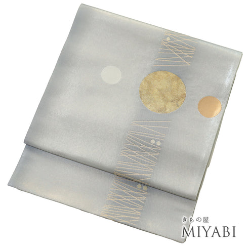 袋帯 リサイクル 帯丈440cm ポイント柄 幾何学模様 じゅらく黄金繭 シルバー Mサイズ 正絹 Aランク お洒落