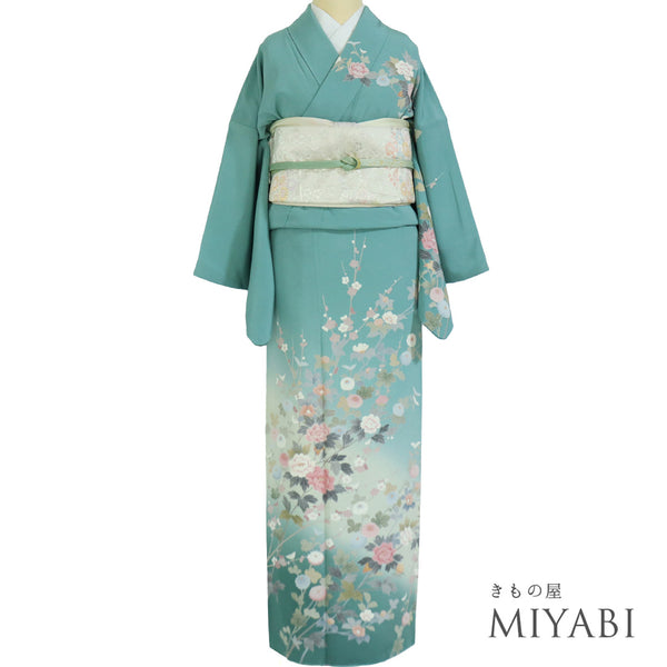 リサイクル 身丈160.5cm 裄66.2cm 袷 菊・牡丹 グリーン Lサイズ セミフォーマル 正絹 広衿 Sランク