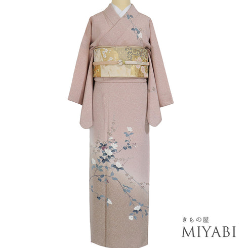 訪問着 リサイクル 身丈156.5cm 裄64.4cm 袷 花枝柄 ピンク Mサイズ セミフォーマル 一つ紋 正絹 広衿 Sランク